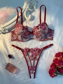 2pcs Set Mesh Embroidery Women Lingerie