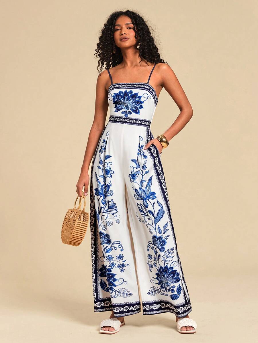Travachic Vacation Casual Blue & White Floral Print Camisole Wide Leg Jumpsuit,Summer Outfits For Women,Beach Outfits For Woman,Western Wear Women,Concert Outfit Women,Boho,Tropical Vacation - Blue and White - View 1