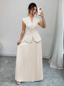 Chiquease 2pcs Women Simple Plain Cardigan And Pleated A-Line Skirt Set - Apricot - View 3