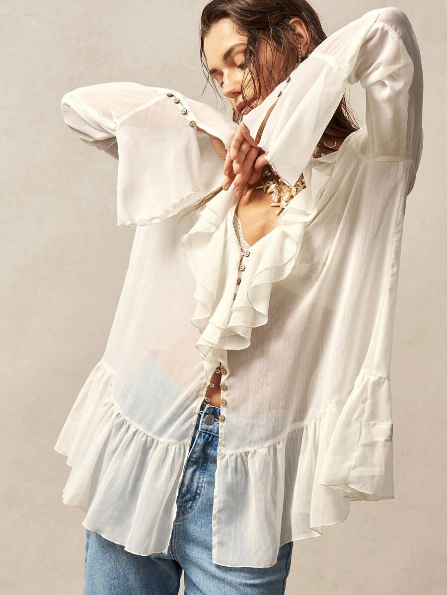 Bohemela 波西米亚风女式衬衫，透视上衣 - 米色 - 查看 1