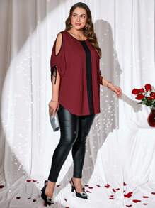 EMERY ROSE Plus Size Valentine Day Women Contrast Trim Off Shoulder Drawstring Short Sleeve Casual T-Shirt,Spring/Summer - Burgundy - View 6