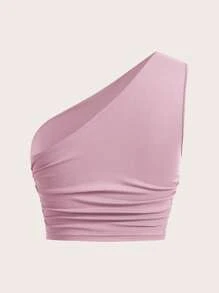 SHEIN EZwear 4 件套纯色户外服装：不对称领褶皱上衣 + 吊带背心 + 短裤 + 高腰裤 - 淺灰紫 - 查看 11
