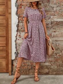 EMERY ROSE Simple Geometric Ditsy Floral Cinched Waist Dress Maxi Women Outfit - Hot Pink - View 3