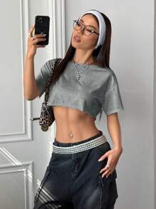 Flirla Women's Asymmetrical Shoulder Short Frayed Hem Oversized Streetwear T-Shirt, White, Versatile Y2K Stylish Chic, Spring/Summer - Grey - View 7
