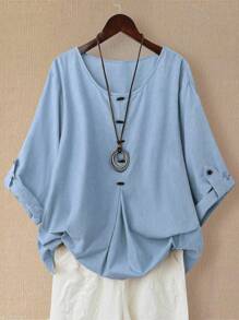 EMERY ROSE 女士亚麻不对称下摆长袖衬衫，春夏 - 藍色 - 查看 1