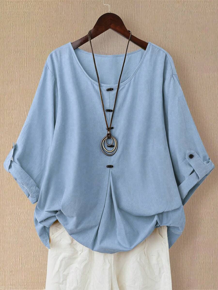EMERY ROSE 女士亚麻不对称下摆长袖衬衫，春夏 - 藍色 - 查看 1