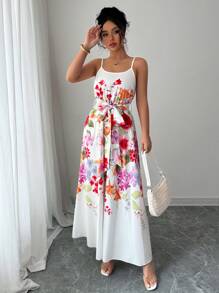 Chiquease Spaghetti Strap Cinched Waist Printed Maxi Vacation Dress - White - View 7