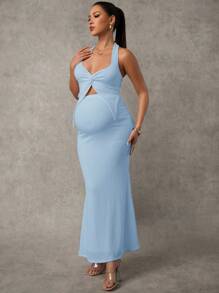 MaterniChic 2pcs/Set Solid Color Maternity Twist Front Sleeveless Tank Top And Adjustable Waist Midi Skirt Set Baby Shower Maternity Dress For Photoshoot - Blue - View 5