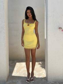 Aloruh Women's Yellow Mini Dress, Sleeveless Spaghetti Strap Semi-Sheer Mesh Rib-Knit Bodycon Dress With Ruffle Trim Detail - Yellow - View 7