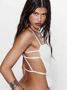 KIZN Top de Corpete Personalizado com Alças Laterais, Bustiê Estruturado, Verão, Festa, Clube, Festival, Design de Alça Dupla, Declaração de Moda - Branco - Visão 6