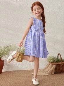 Blossori Robe bleue élégante à broderie florale sans manches pour jeunes filles, printemps/été - Multicolore - Voir 3