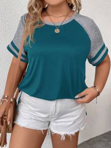 EMERY ROSE Plus Size Short Sleeve Round Neck Simple Fashion T-Shirt, Suitable For Summer - Teal Blue - View 6