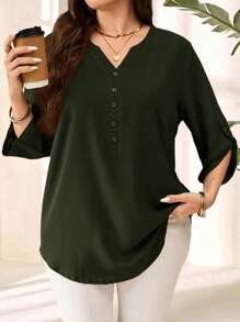 EMERY ROSE Blusa de manga 3/4 en púrpura o rojo para mujer talla grande, para principios de primavera - Verde militar - Ver 2