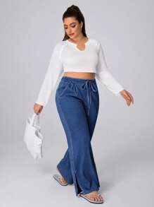 SHEIN Unity Pantalones vaqueros anchos con cintura elástica y cordón para mujer talla grande, para otoño y festivales - Azul - Ver 3
