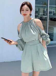 DAZY Blusa de hombros descubiertos y pantalones cortos de dos piezas para mujer - verde menta - Ver 1