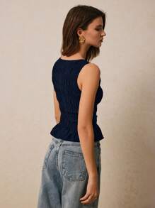 Poéselle 女士纯色褶皱圆领休闲百搭吊带背心 - 藏蓝色 - 查看 6