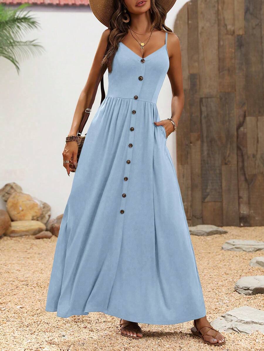 Breezaya Cami V-Neck Casual Dress With Oversized A-Line Beach Style Maxi Vacation Beach Outfits Women - Blue - View 1