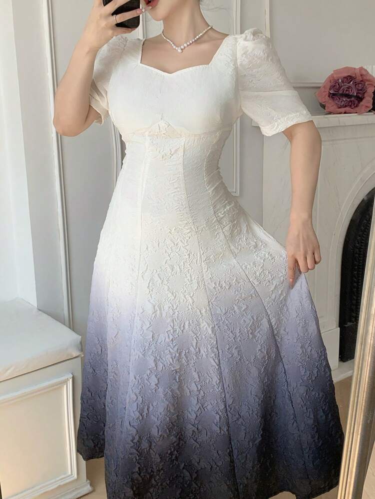 Ombre Square Neck Short Sleeve Women's Midi Dress