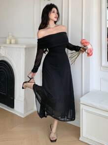 DAZY Spring/Fall Elegant Off-Shoulder Midi Dress For Wedding Guest, Solid Color,Dress For Wedding Long Sleeve Dress Prom Dress - Black - View 6