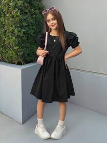 Vestido con mangas abullonadas, acampanado, de color negro y rosa con contraste, recorte calado y decoración de lazo para niña preadolescente Nova Glow, de moda y versátil para salidas, hogar, escuela, primavera/verano