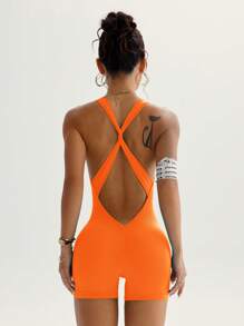 Slayoga Einfarbiger rückenfreier Jumpsuit mit Rundausschnitt für den Sommer, Freizeitbekleidung