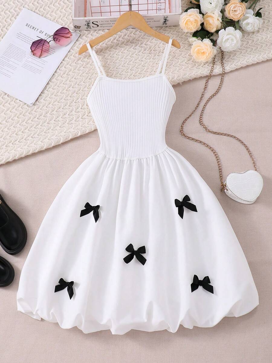 SHEIN 青少年女孩优雅吊带背心腰部系带蝴蝶结装饰 A 字连衣裙