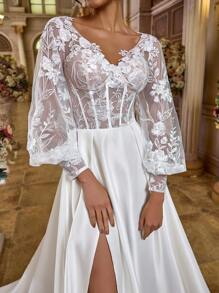 SHEIN Belle Elegant Romantic White Mesh Embroidered V Neck Lantern Sleeve Fishtail Decorative Collar Wide Hem High Slit Open Back Tie Bridal Wedding Gown, For Bride - White - View 2