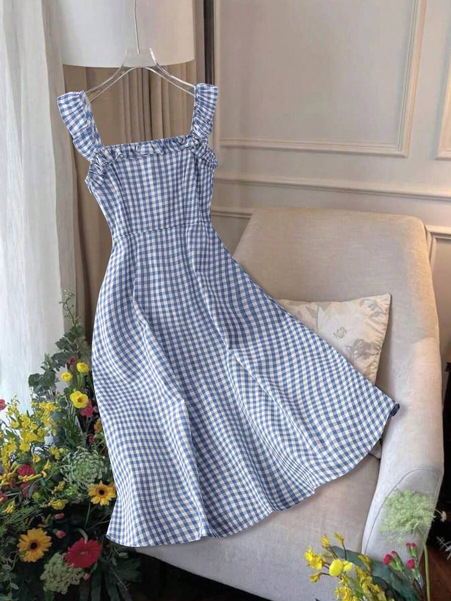 Franclia 女士春夏休闲度假红色格子吊带修身 A 字中长连衣裙 - 藍白色 - 查看 1