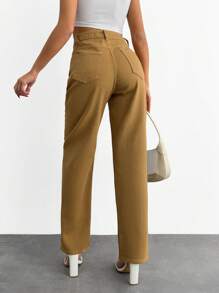 SHEIN Cottnline Women's Solid Color Front Button Pocket Simple Style Casual Denim Pants, Daily Wear - Brown - View 2