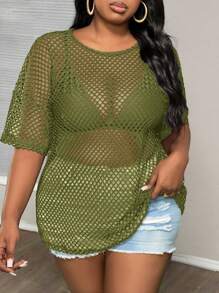 Slaydiva Plus Size Spring & Autumn Casual Street Style Black Sheer Loose 3/4 Sleeve Round Neck Regular T-Shirt