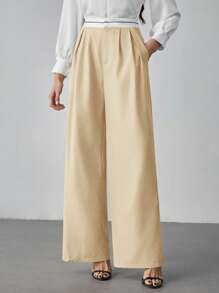 SHEIN Tall Women's Elegant High-Waist Wide Leg Pants In Apricot Woven Fabric With Zipper Detail, Long Length For A Chic Look, Tall Women - Apricot - View 6