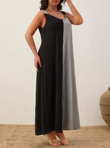 SHEIN Cottnline Vestido informal holgado de bloques de color para talla grande - Negro - Ver 4