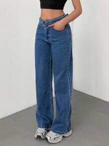 EURMUSE HIGH WAIST WIDE LEG LOOSE CASUAL STYLE - Medium Wash - View 6