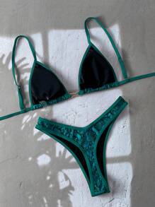 Swim Vcay 2 件春假夏季度假动物印花随机图案金色装饰上衣和高腰比基尼泳装