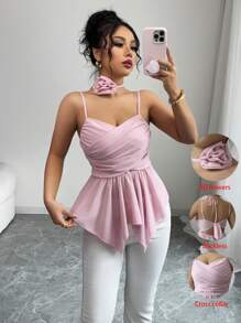 SHEIN Unity Elegant Ladies Dusty Mauve Summer Party Tank Top,Spaghetti Strap Criss-Cross Ruffle Asymmetric Double Layer Hem Back Tie 3D Rose Decor Cute Pink - Pink - View 1