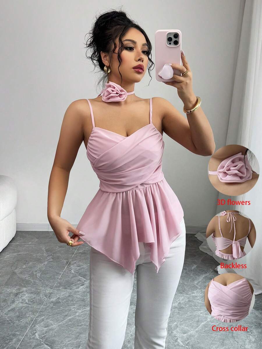 SHEIN Unity Elegant Ladies Dusty Mauve Summer Party Tank Top,Spaghetti Strap Criss-Cross Ruffle Asymmetric Double Layer Hem Back Tie 3D Rose Decor Cute Pink - Pink - View 1