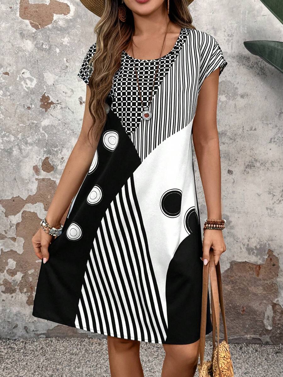 EMERY ROSE 女士休闲条纹印花圆领短袖连衣裙，夏季 - 彩色 - 查看 1