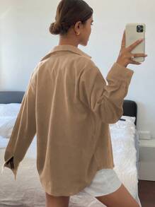Livesso 1 pieza Camisa de mujer de unicolor, casual y versátil, de ajuste holgado, con cuello vuelto, bolsillo, de manga larga, para primavera/verano de lino, ropa de otoño - Albaricoque - Ver 2