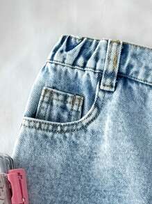 SHEIN Young Girl 2025 New Y2k Light Blue Distressed Frayed Denim Middle Pants - Light Wash - View 5