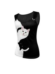 Women Cat Print Round Neck Casual Camisole