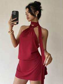 Aloruh Robe mini dos nu rose rouge avec col ras-du-cou pour femmes - Framboise - Voir 6