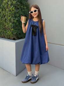 SHEIN Leap Crew Nova Glow Tween Girls Casual Vintage Style Decorative Big Bow Round Neck Sleeveless Dress - Blue - View 3