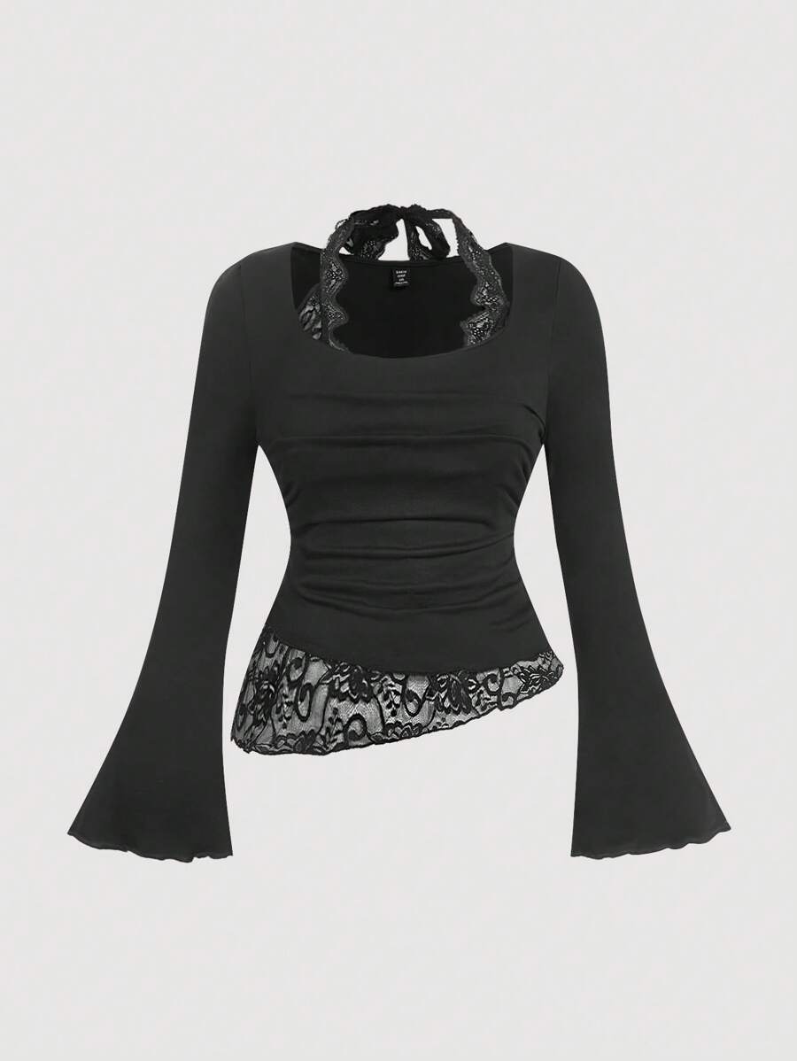 SHEIN MOD Áo thun nữ cỡ lớn, cổ bẻ, viền ren, cổ buộc, vừa vặn, cổ tròn, cổ bẻ, tay lỡ, áo phông, năm mới, ngày lễ tình nhân, áo phông nữ cỡ lớn, áo mùa xuân, áo nữ, áo sơ mi nữ, áo cánh nữ mùa hè - màu đen - Xem 1
