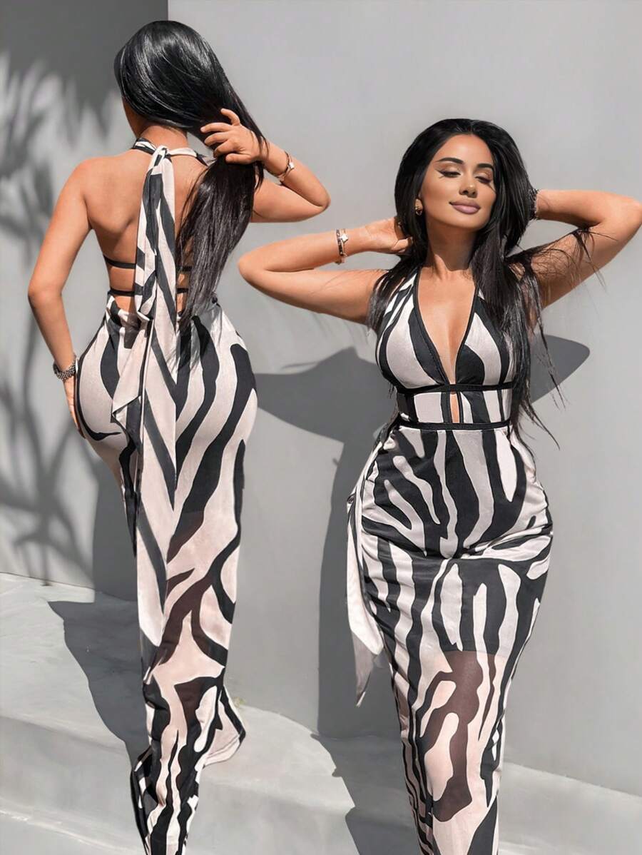 Zolique 女士休闲印花简约日常连衣裙（图案随机）长款女装 - 黑色 - 查看 1