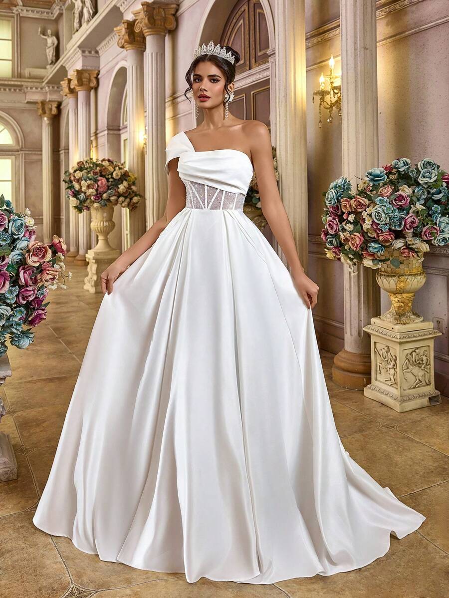 Glamrae 优雅浪漫白色亮片缀饰缎面不对称颈部垂褶透视拼接长裙、婚纱、新娘 - 白色 - 查看 1