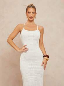 Lumalex Vestido ajustado con espalda al aire, cuello de camisa y textura perforada para mujeres