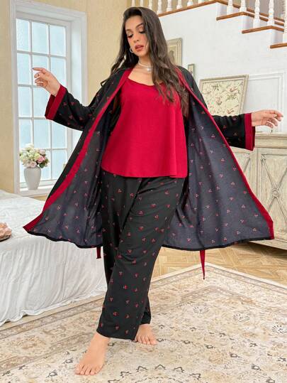 CottageSlumber Große Größen Kirschenmuster Hose und Bademantel mit einfarbigem Oberteil Set, üppige blumige Pracht mit gemütlichen und eleganten Details, Kleidung, Herbst & Winter