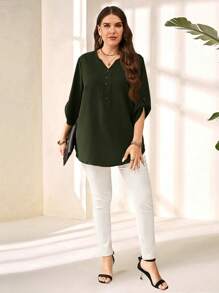 EMERY ROSE Blusa de manga 3/4 en púrpura o rojo para mujer talla grande, para principios de primavera - Verde militar - Ver 4