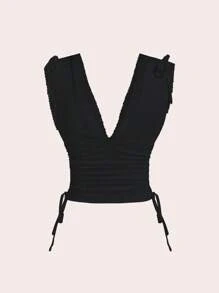 Sweetra Women's Summer Solid Color Ruched Shoulder Strap Casual Tank Top Y2K - Black - View 2