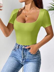 SHEIN PETITE 女士方领短袖休闲 T 恤紧身衣 - 綠色 - 查看 7